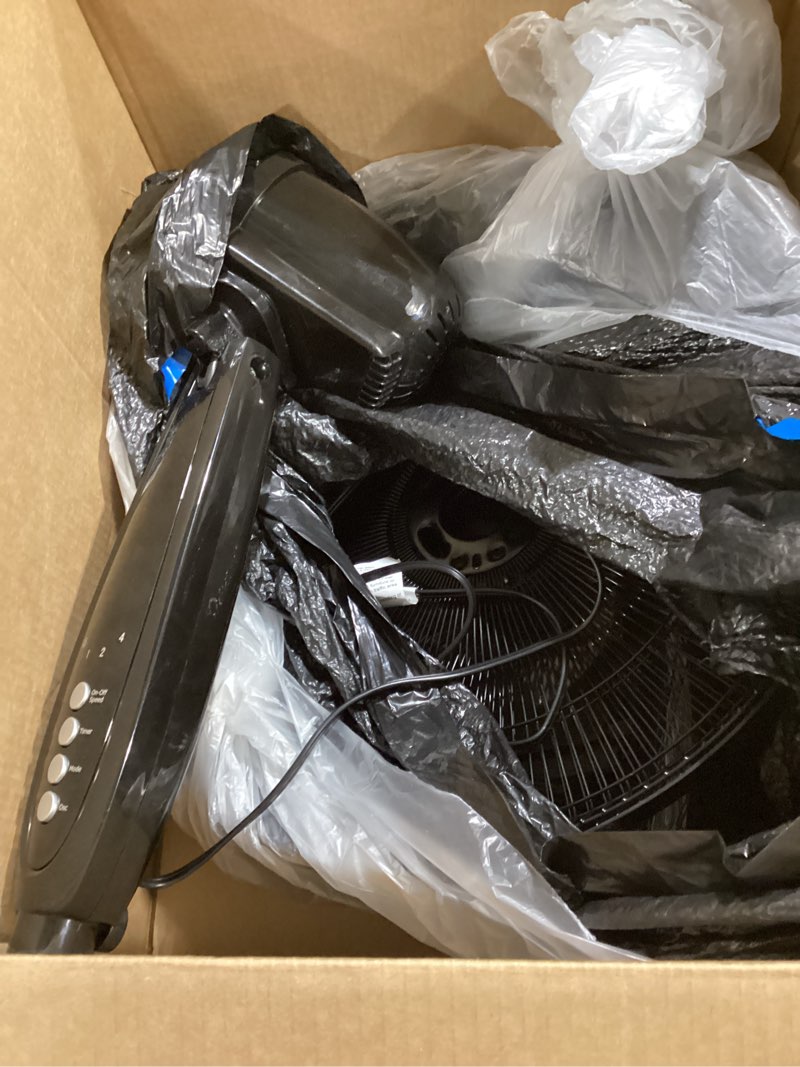 Condition photo showing As Is for amazon basics 16" pedestal fan with remote, floor fan, standing fan for bedroom, living room, office, with 3 speeds, 3 modes, timer, dual-layered blades, adjustable height, tilt head, 60w, black 3-speed, ac motor