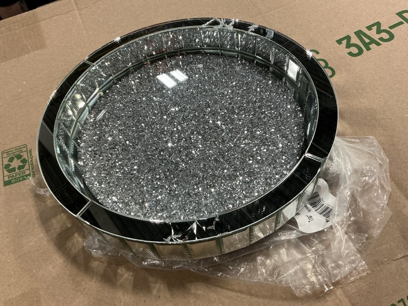 Condition photo showing As Is for silver decorative tray, mirored trays with crushed diamond crystal vanity tray round super gorgeous trays jewelry organizer for dresser, coffee table, bedroom ottoman 14”x14”x 2” no lazy susan