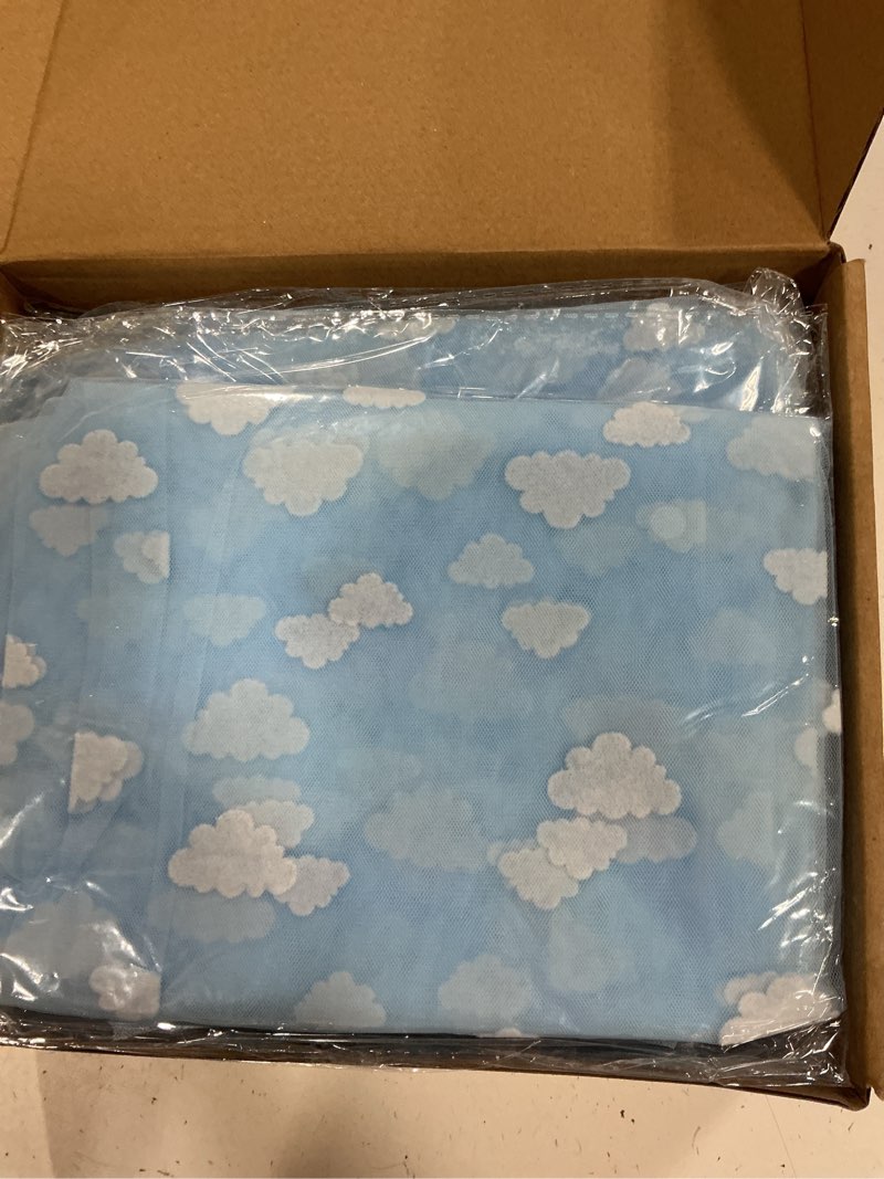 Condition photo showing New/Like New for 8 pcs blue sky white cloud table runner 29 x70 inch cartoon tulle table runner flocking cloud tablecloth for cartoon themed birthday baby shower party decor white clouds blue