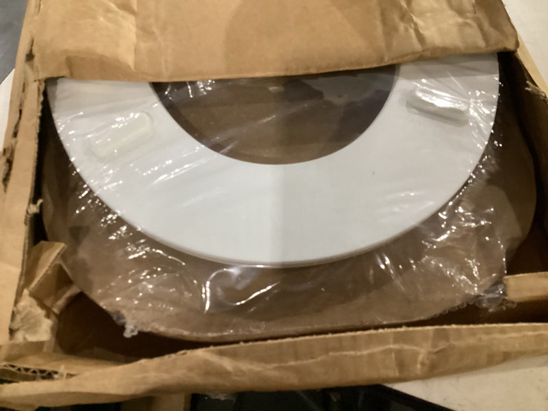 Condition photo showing Good Condition for mayfair padded toilet seat, cushioned soft vinyl over wood core seat, secure hinges, easy clean, made in usa, round, white round white toilet seat