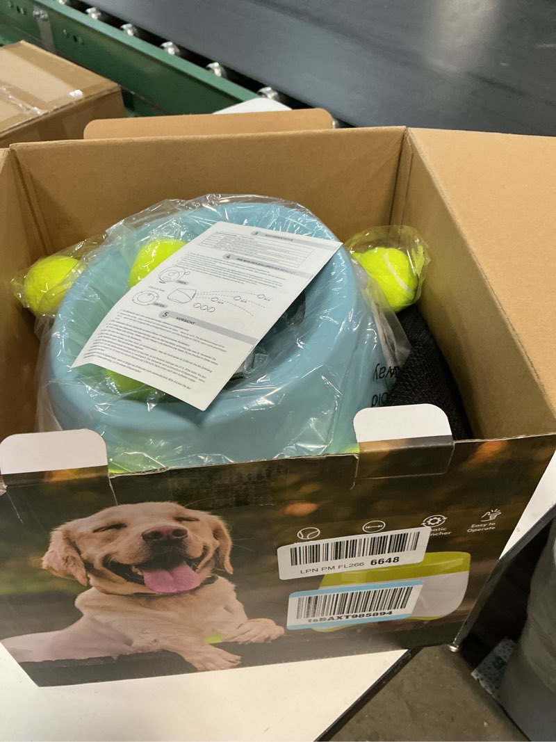 Condition photo showing New/Like New for automatic dog ball launcher, dog ball thrower machine with 10-30ft 3 launching distance, interactive toys for small dogs indoor & outdoor with 15 mini tennis balls (2 inch) -blue