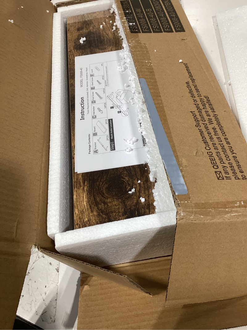 Condition photo showing As Is for QEEIG Bathroom Floating Shelves for Wall - 15.7" Wall Mounted Shelf Over Toilet Farmhouse Home Decor Display Bookshelf Small 15.7 x 6.7 inch Set of 2, Rustic Brown (008-40BN) 15.7" A. Brown