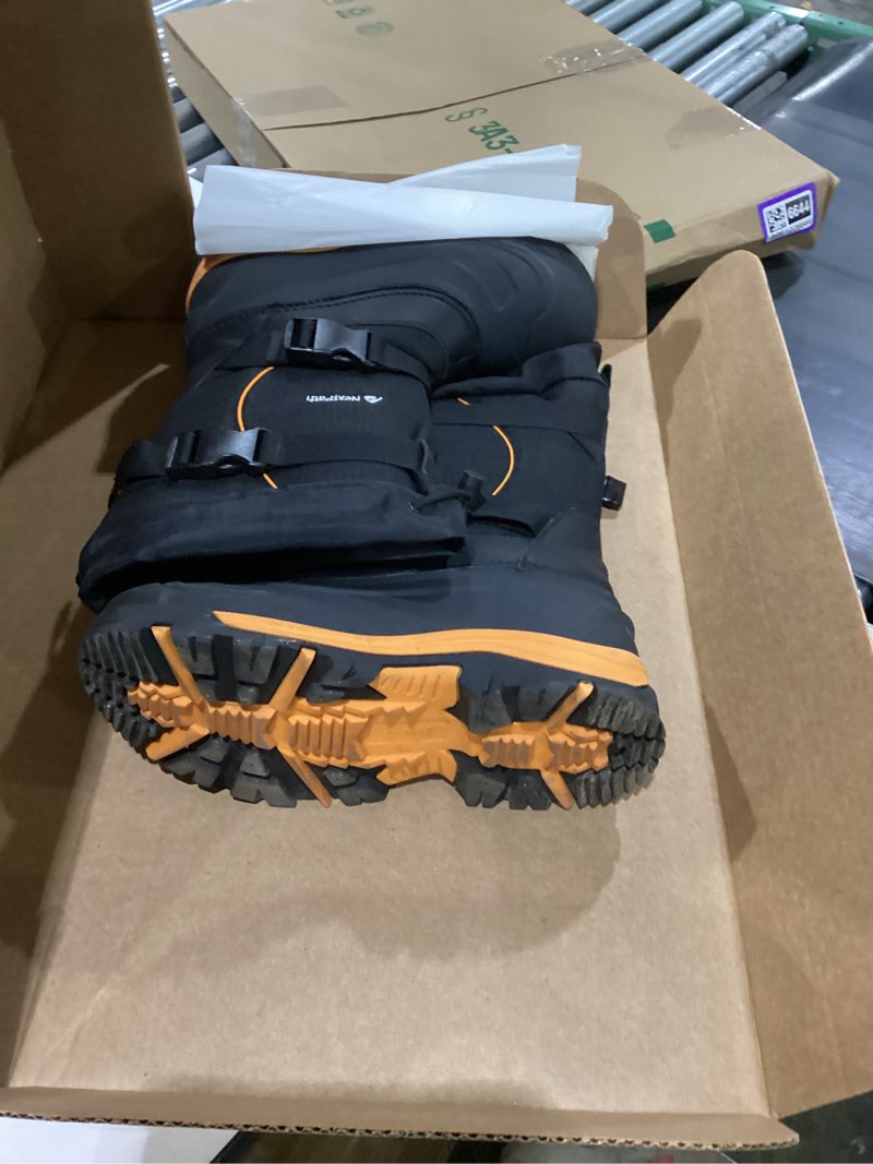 Condition photo showing New/Like New for Men's Snow Boots 12/14 inch Snow Boots For Men Waterproof Insulated Mens Winter Work Boots with Removable Liner Black Winter Boots Black-orange-buckle | +1 Size (E.g.7/7.5?8) 12