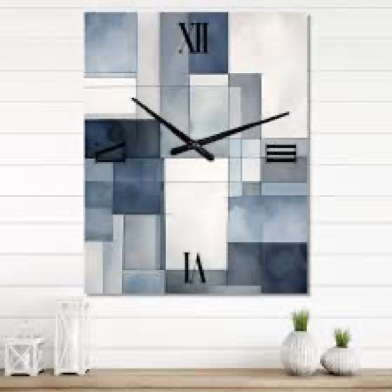 (16x32 in)Cubist dreams watercolor ln faded retro navy bllue- modern geome