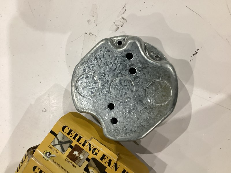 Condition photo showing As Is for hubbell raco 1-gang galvanized steel new work ceiling fan electrical box