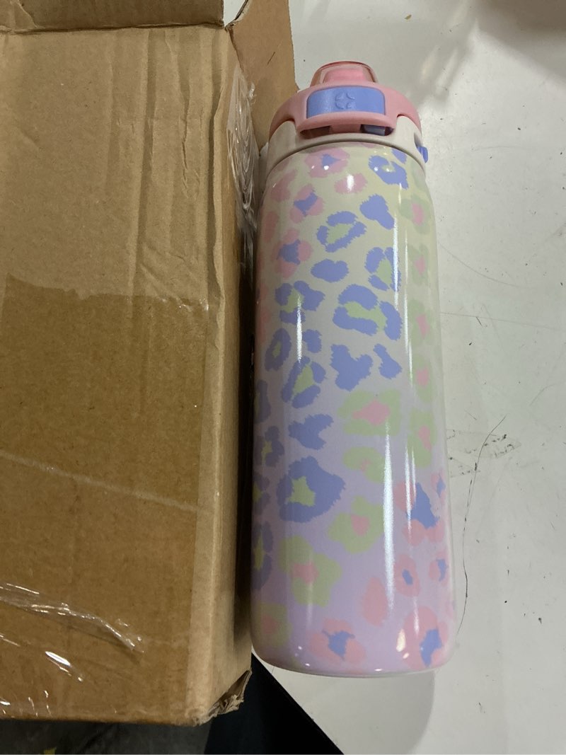 Condition photo showing New/Like New for ello pop & fill 18oz stainless steel kids water bottle with quick fill lid | vacuum insulated bpa free bottle with leak proof straw and chug lid, dishwasher safe, gift for kids teens, cheetah