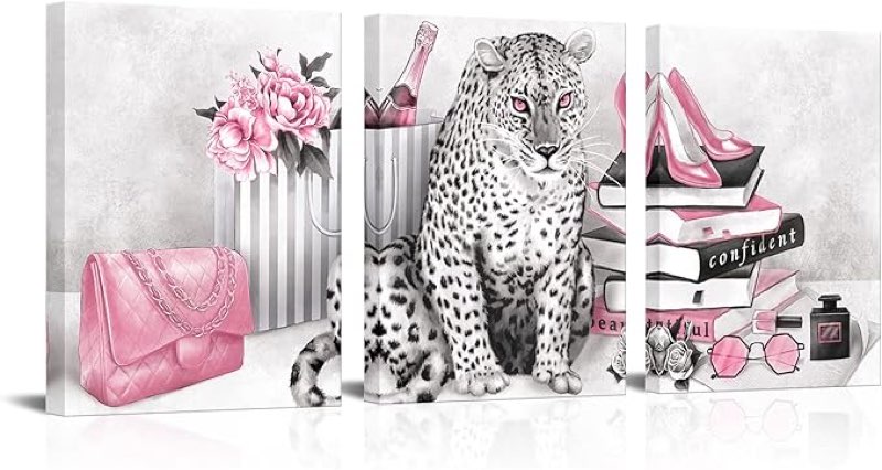 Visual Art Decor Glam Fashion Picture Pink Blush Wall Art Leopard Books High Heel Shoes Perfume Canvas Prints for Modern Home Office Woman Girl Makeup Bedroom Wall Decoration Creative Design Gift