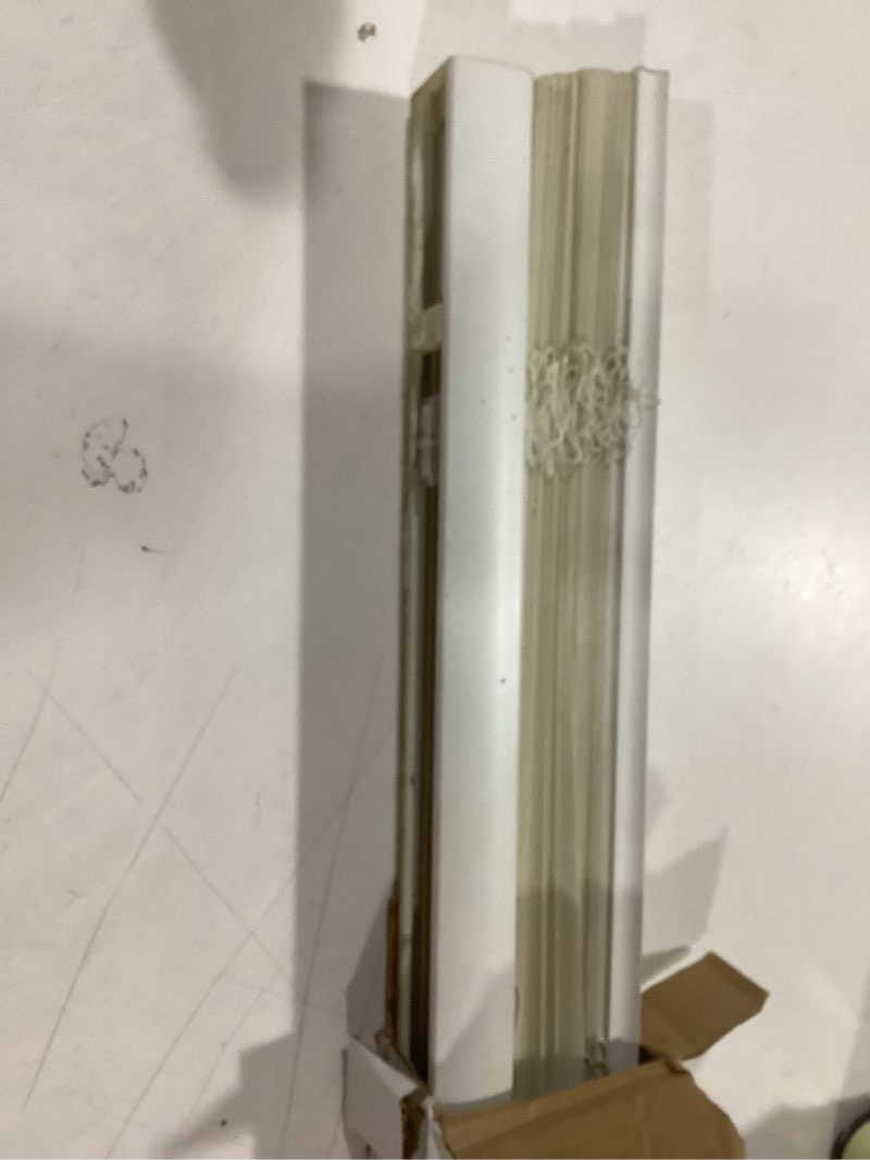 Condition photo showing As Is for Project Source 1-in Slat Width 29-in x 64-in Cordless White Vinyl Room darkening Mini-blinds