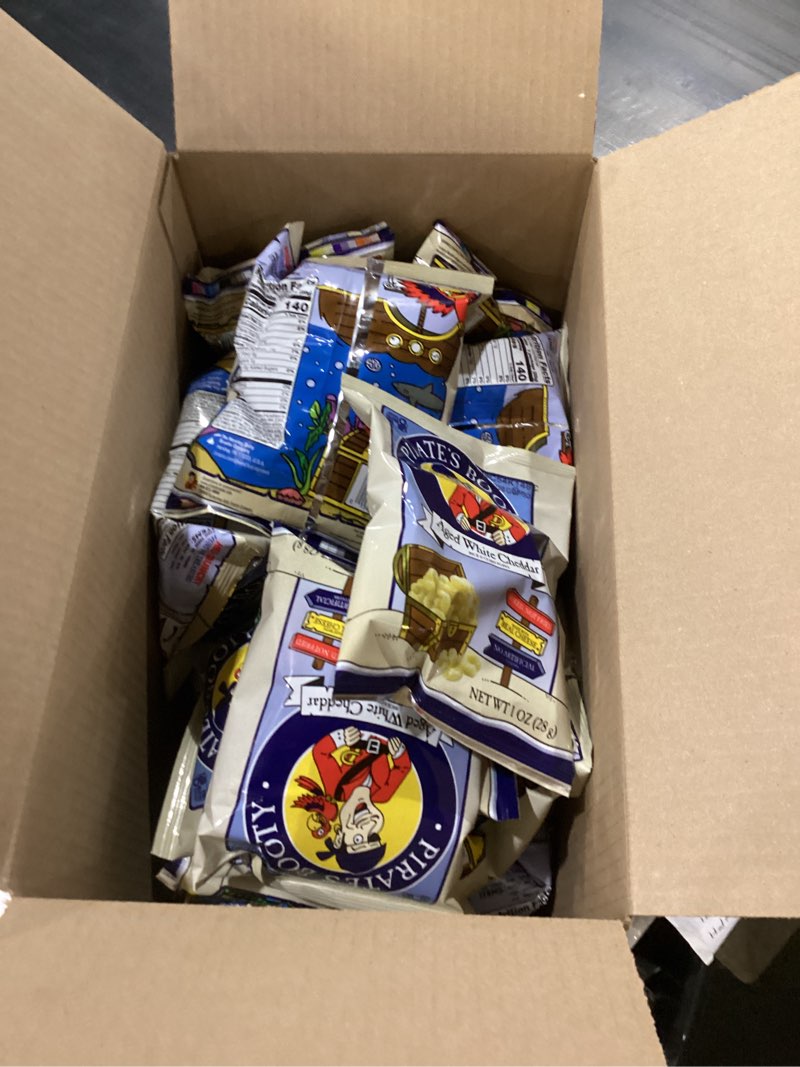 Condition photo showing New/Like New for *best by:7/18/2026*  pirate's booty aged white cheddar cheese puffs, 30ct, 1oz indvidually sized bags, healthy kids snacks, gluten free
