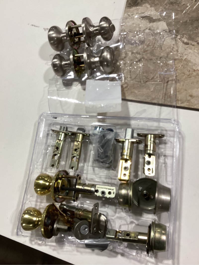 Condition photo showing As Is for kwikset cove satin nickel exterior single-cylinder deadbolt and keyed entry door knob ft. smartkey incomplete