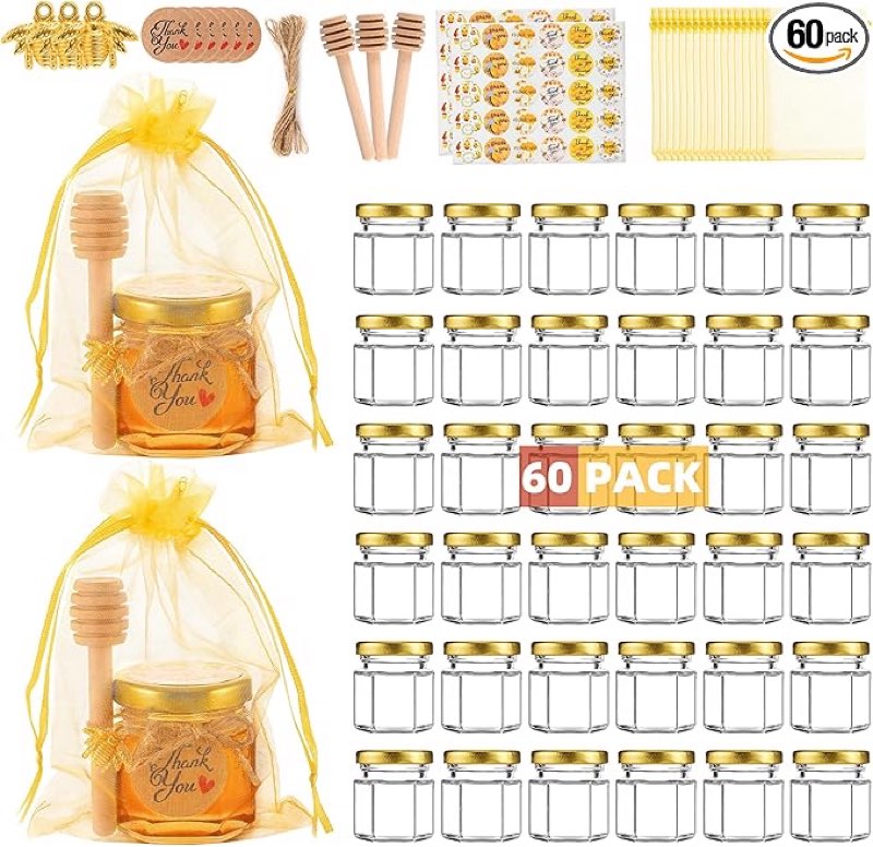 60 Pack Mini Glass Honey Jars Party Favors,1.5 oz Small Hexagon Glass Honey Jars with Dippers,Lids,Gold Bags,Bee Charms,Thank You Cards,Jute,Cute Stickers for Baby Shower Favors,Wedding party gift