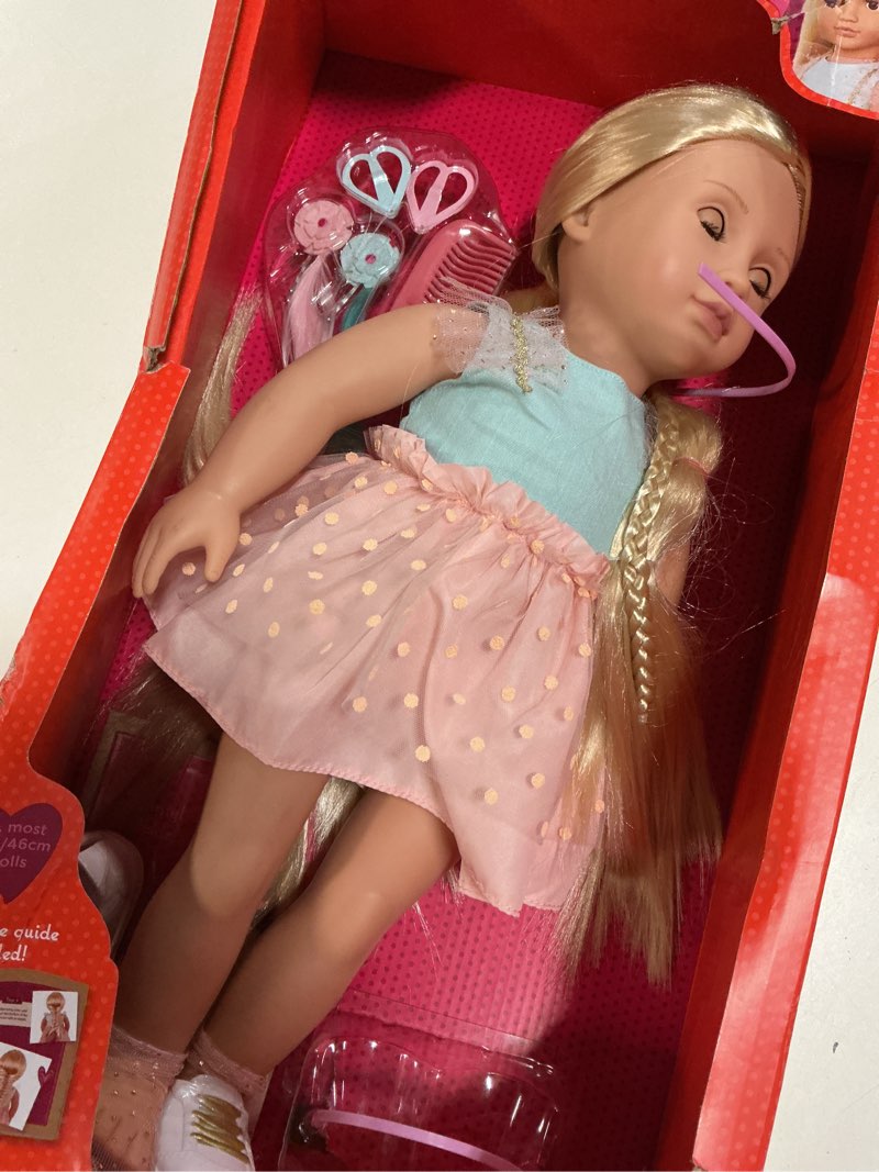 Condition photo showing As Is for our generation poppy 18" hair grow doll with hair clips & styling book accessories
