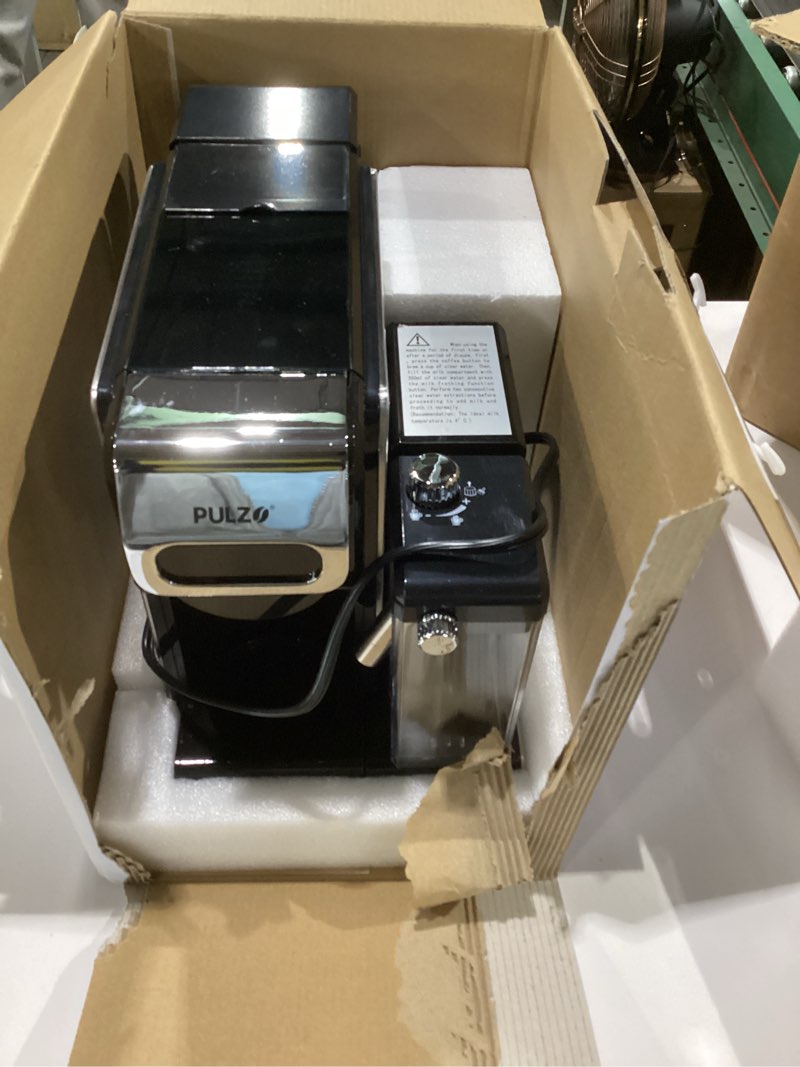 Condition photo showing As Is for pulzo espresso machine with integrated automatic milk frother, capsule coffee maker for k*cup capsule/ne*s original/coffee powder, one touch latte & cappuccino, not tested