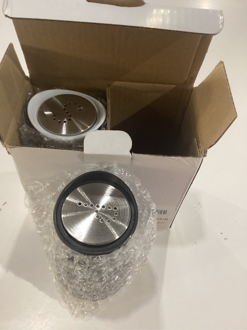 Condition photo showing New/Like New for lonffery salt and pepper shakers set - salt containers for gifts, kitchen decor, home, rv, camp, bbq, 4 oz farmhouse spice dispenser with glass bottom, black and white, set of 2 black/white