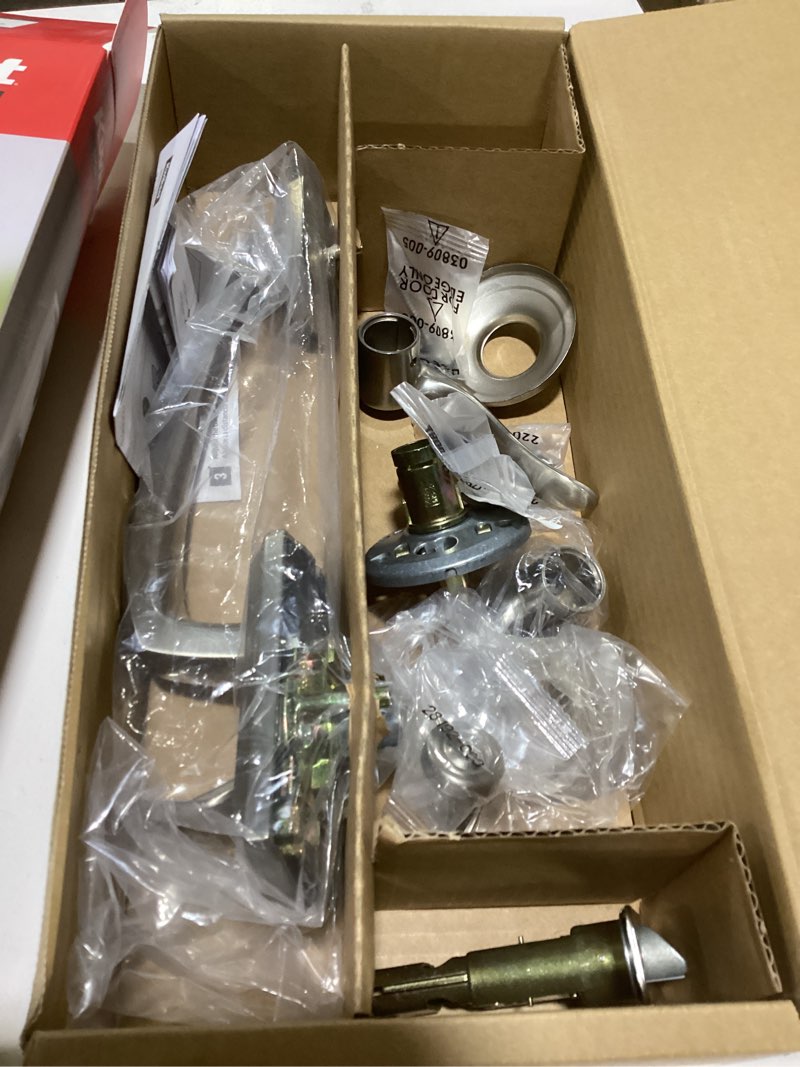 Condition photo showing As Is for Kwikset Prescott Entry Door Handleset and Lever, Stylish Front Door Handle Featuring Microban Protection, Non-Locking, Deadbolt Not Included, Satin Nickel