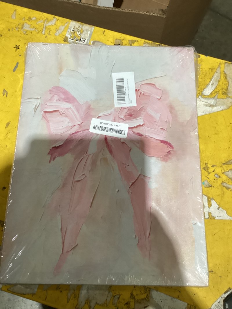 Condition photo showing As Is for has light damage on one lheaoed 3pcs vintage trendy pink bow canvas wall art | cute preppy watercolor bow pictures wall decor posters prints girly aesthetic for college apartment bedroom decoration pink bow 16\"l x 12\"w-canvas