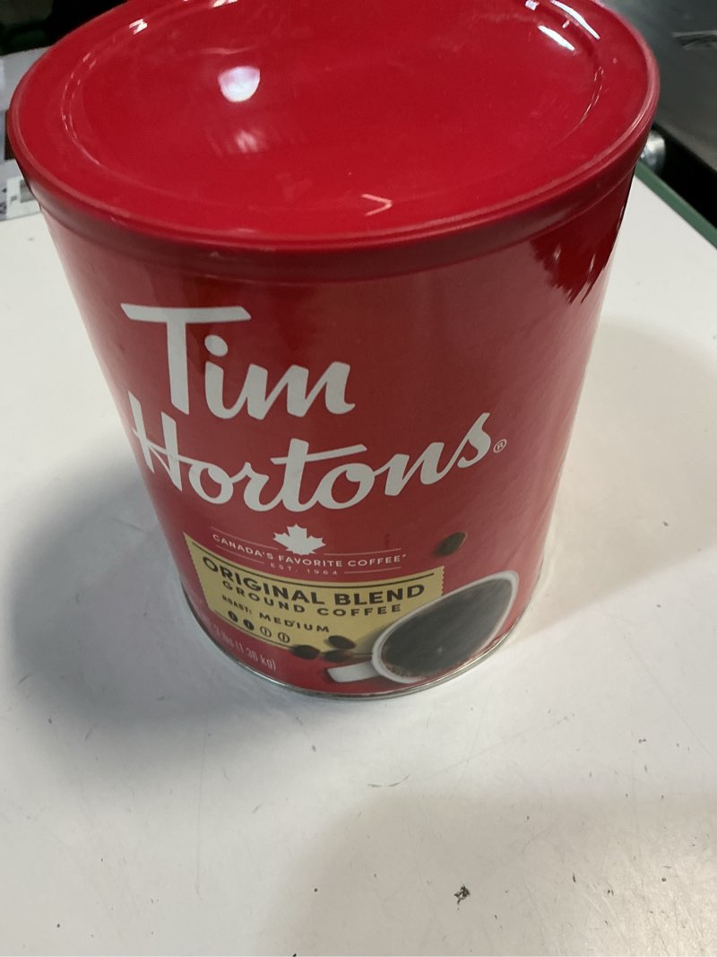 Condition photo showing Good Condition for tim hortons original blend, medium roast ground coffee, canada’s favorite coffee, made with 100% arabica beans, 48 ounce canister (best by 05/2026)