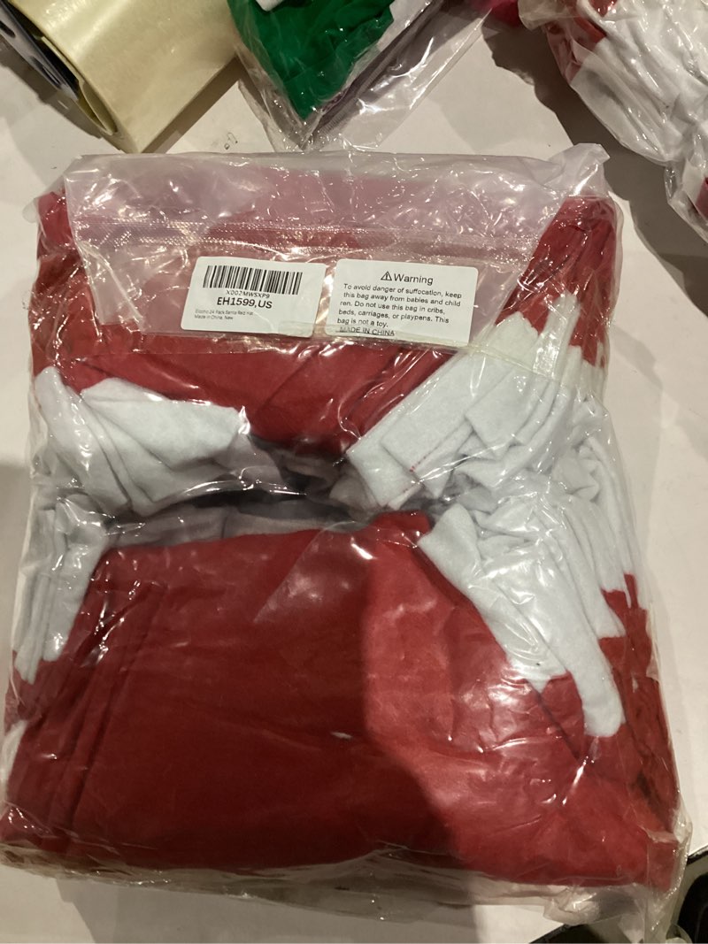 Condition photo showing New/Like New for elcoho 30 pack santa red hat short plush with white cuffs non-woven fabric christmas hat red 1