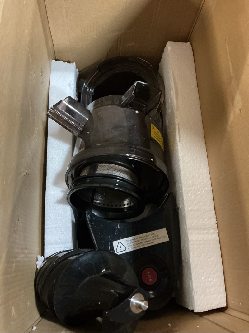 Condition photo showing As Is for eanoruus juicer machines, 3-in-1 cold press juicer with 6.5" extra large chute, 100oz large capacity, ac motor, makes juice, nut milk & sorbet, premium gray