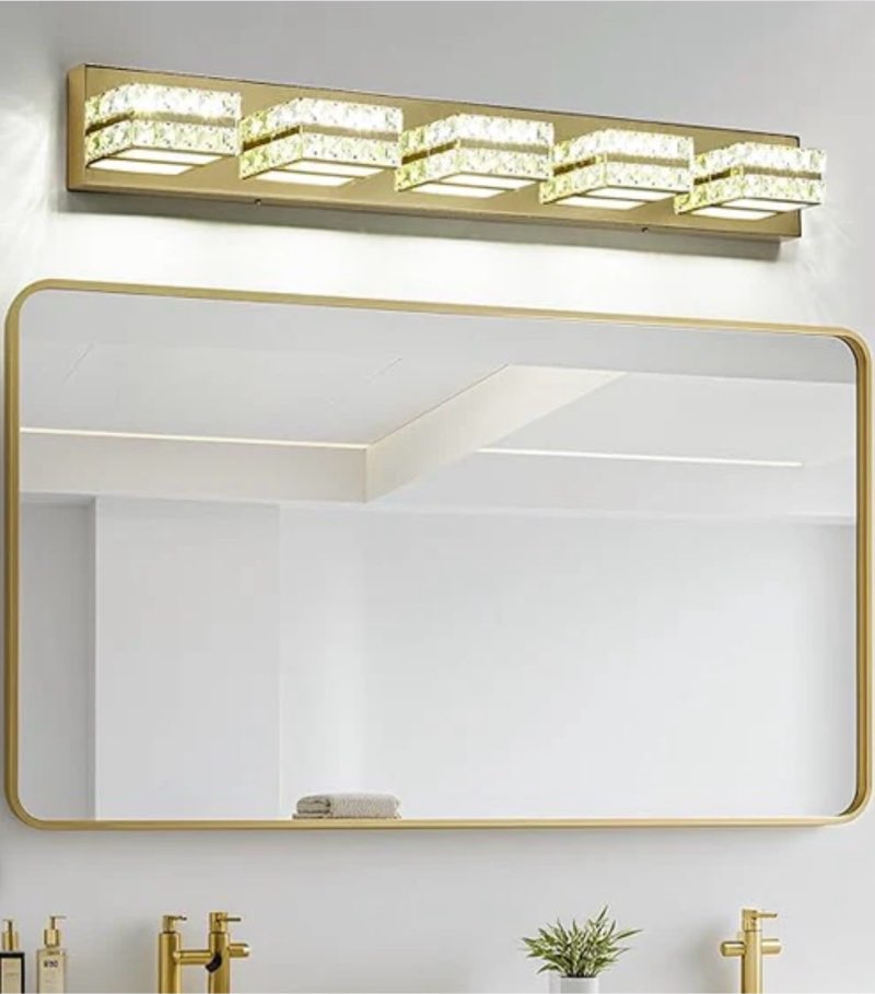 okeli crystal vanity lights led bathroom vanity light fixture over mirror modern indoor gold lamp, 6000k cold white dimmable, 4-lights, 24w, etl listed gold 4 light cold white dimmable
