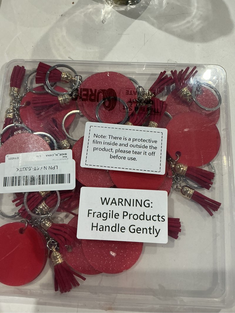 Condition photo showing Good Condition for sureio 20 set acrylic keychain blank with key rings 20 pcs 1.97'' glitter acrylic blanks 20 pcs keychain tassels for diy(red)
