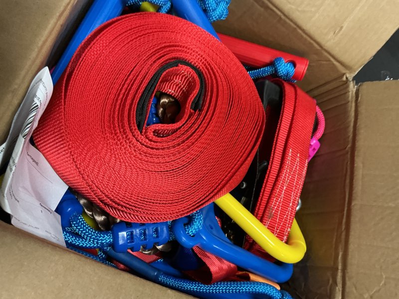 Condition photo showing Good Condition for ninja warrior obstacle course for kids-playground fitness equipment ninja slackline with multiple accessories for kids,contain swings,rope ladders,rings,ninja couse for kids outside (2x56ft)