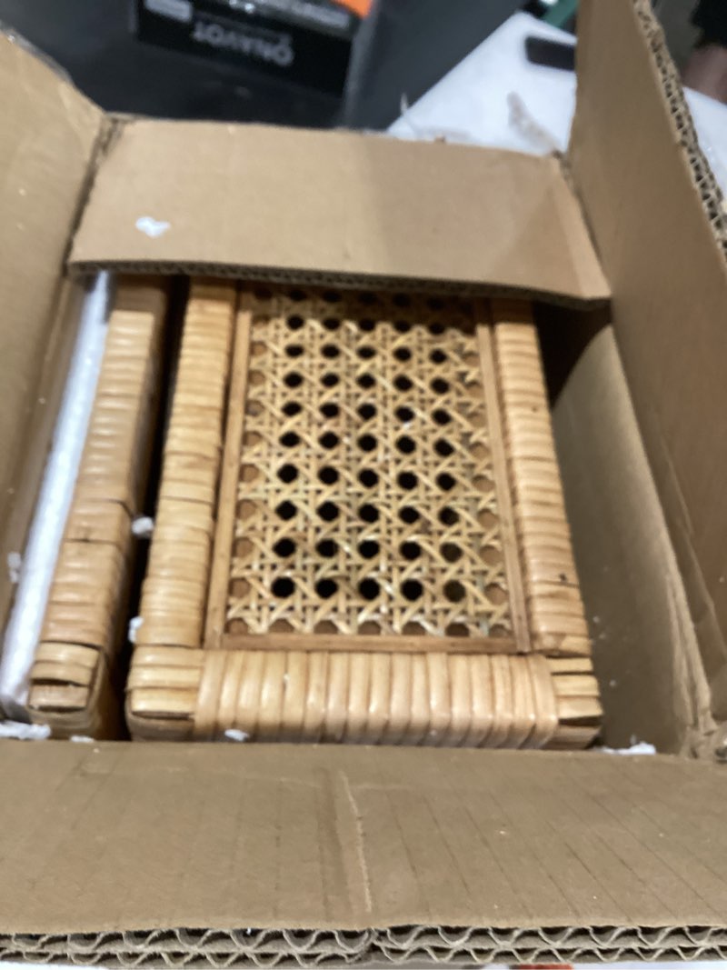 Condition photo showing New/Like New for creative co-op modern decorative rectangle woven rattan and wood display boxes with glass top, set of 2 sizes, natural finish natural rectangular