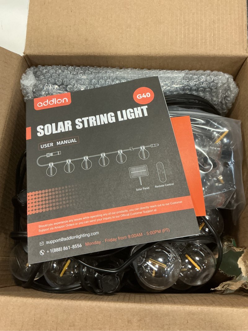 Condition photo showing New/Like New for addlon 100FT Solar String Lights Outdoor with Remote, 54 LED Shatterproof Bulbs, Dimmable & Timable, 3 Light Modes, G40 Waterproof Solar String Lights for Outside Backyard Party Decor