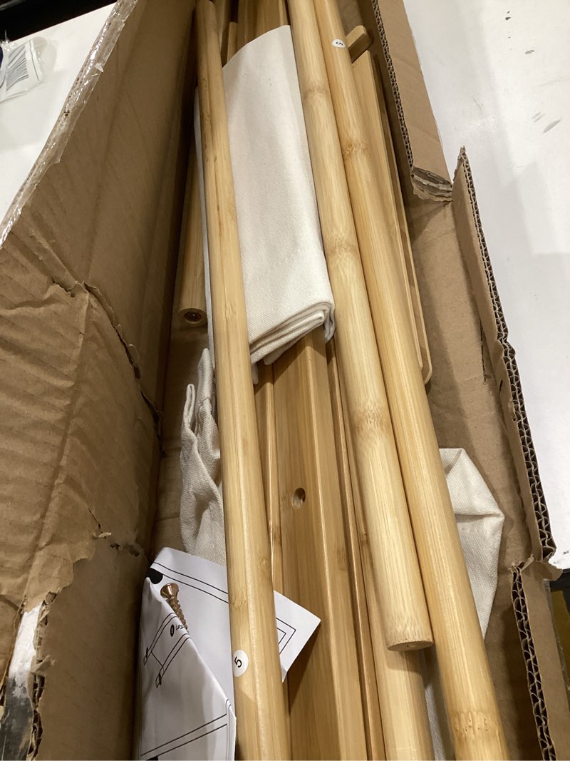 Condition photo showing Good Condition for kids clothing rack with 2 fabric shelves, foldable child garment stand with hanging rod, small dress up organizer, bamboo (natural)