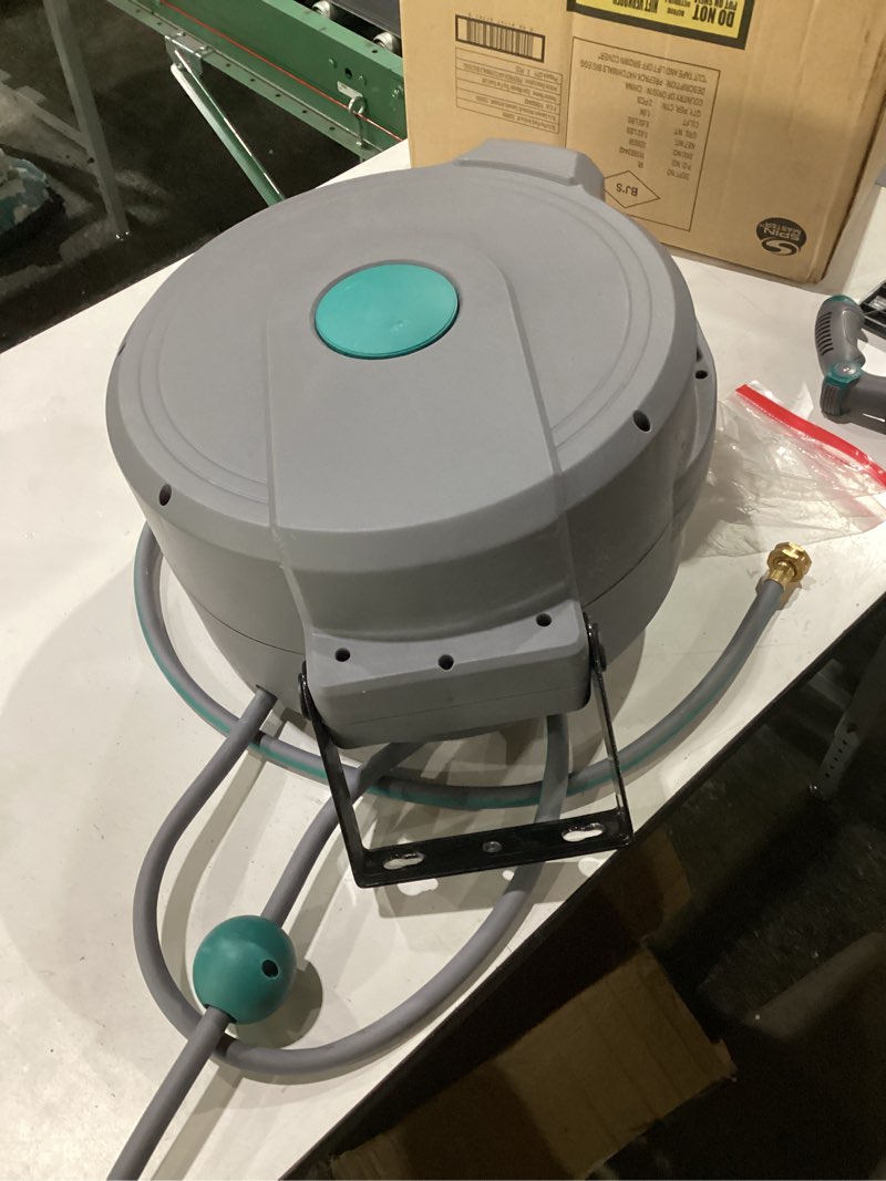 Condition photo showing As Is for retractable garden hose reel 100 ft x 1/2" | any length lock & 180°swivel | all-weather garden hose reel wall mount for outside, retractable hose with 10-pattern nozzle for cleaning, watering 1/2 in 100ft+6.5ft green