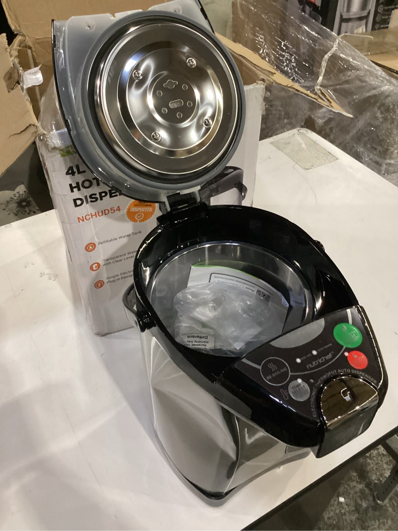 Condition photo showing As Is for not tested**** nutrichef digital water boiler and warmer - 4l/4.23 qt stainless electric hot water dispenser w/ lcd display, rotating base, keep warm, auto shut off, safety lock, instant heating for coffee & tea 4 liter