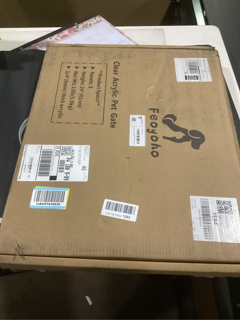 Condition photo showing New/Like New for Clear Acrylic Freestanding Dog Gates for The House – Folding 3-Panel Pet Gates for Doorways, Indoor Stairs, and Hallways, Transparent Barrier for Dogs, Puppies, and Cats 3 Panel - 60''W x 24''H