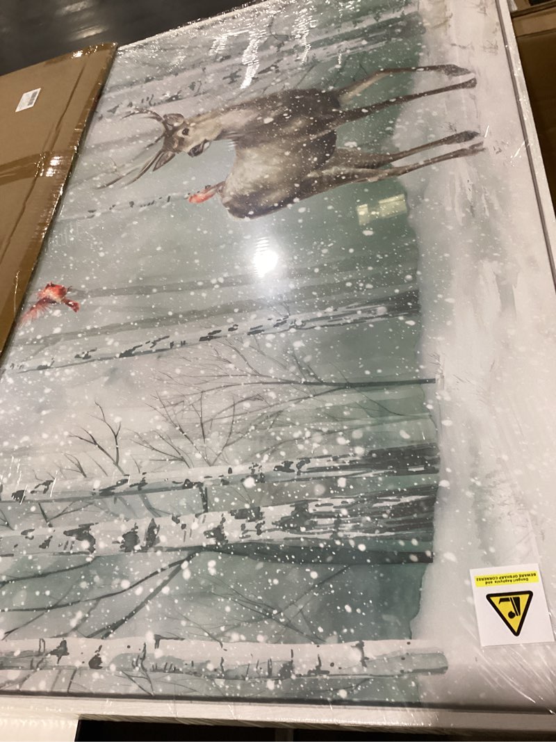 Condition photo showing New/Like New for framed nature landscape wall art, large white forest canvas prints paintings artwork for walls, modern animal deer and bird pictures for living room bedroom dining room hallway wall decor, 24x36 in 36"l x 24"w deer and cardinals in winter forest