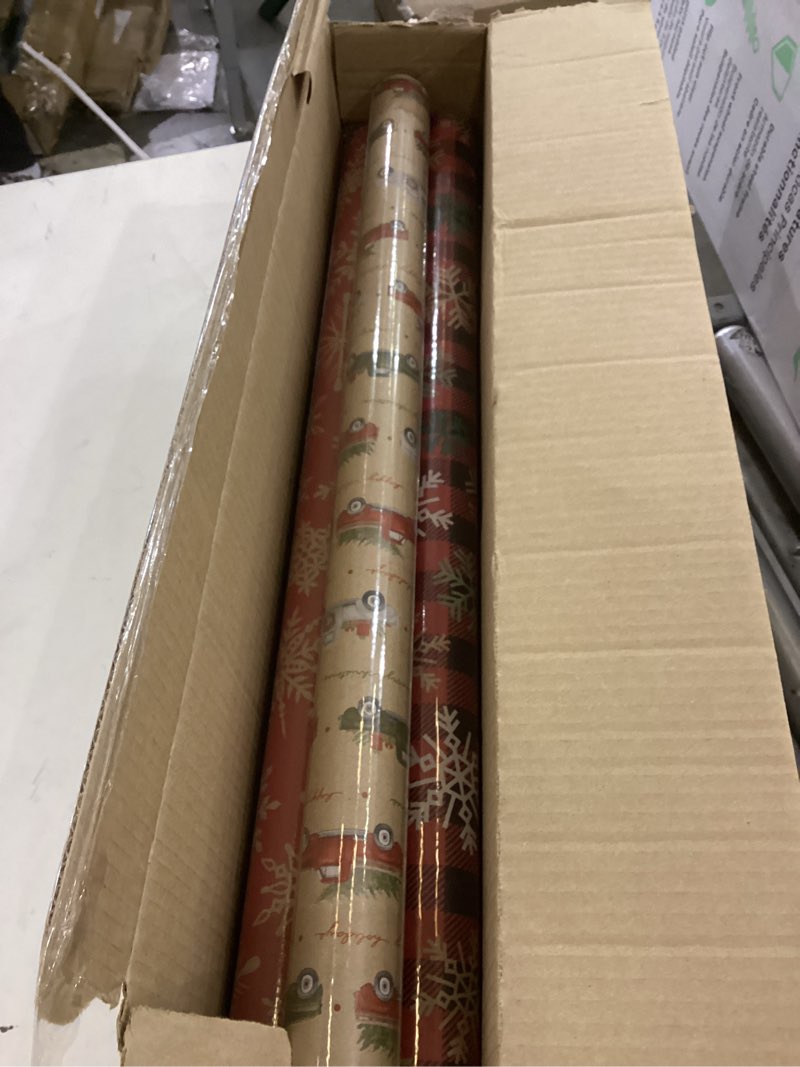Condition photo showing New/Like New for Hallmark Rustic Christmas Wrapping Paper Rolls with Cutlines on Reverse (6 Rolls: 180 Sq. Ft. Total) Red Barn, Truck, Sled, Black Plaid, Gray and Stripes