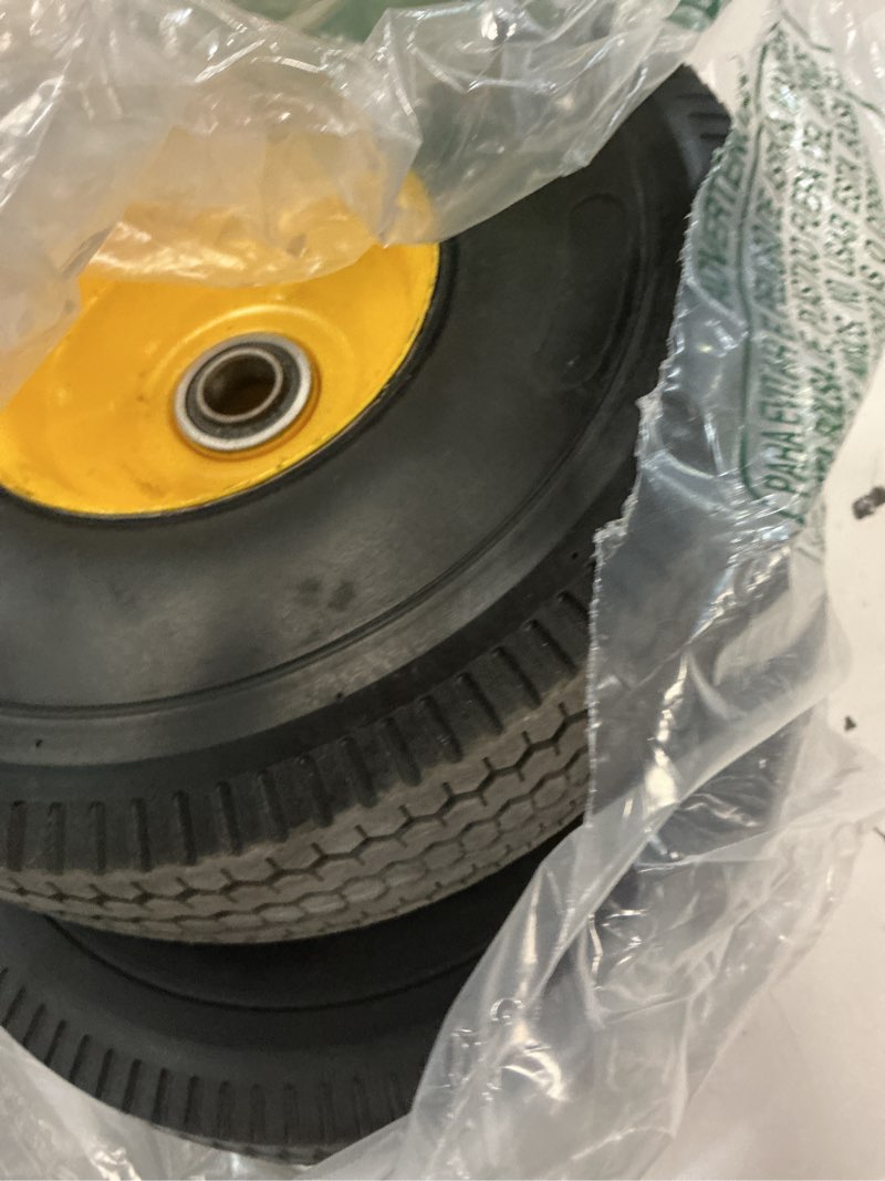 Condition photo showing Good Condition for 4.10/3.50-4 tire and wheel flat free, with 5/8” axle bore hole, extra 3/4”&1/2” bearings, 2.2” offset hub,10” solid polyurethane tires for hand trucks, dollies, garden trailer (2pack) yellow