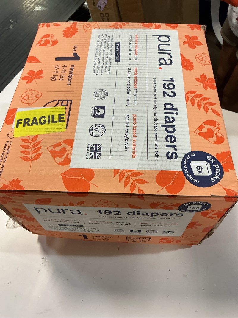 Condition photo showing New/Like New for pura hypoallergenic diapers, size 1 (4-11 lbs), monthly pack, totally chlorine free, wetness indicator, suitable for sensitive skin, soft cotton comfort, overnight, 6 packs of 32 (192 baby diapers) size 1 192