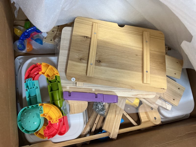 Condition photo showing As Is for water table for toddlers, adjustable height wooden sand and water table with 2 collapsible bins, acrylic activity board, water track toys & 16-piece play set, indoor outdoor, ages 3+