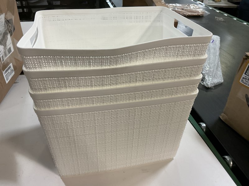 Condition photo showing As Is for Curver Set of 4 Large 20L Jute Decorative Plastic Organization and Storage Baskets - Perfect Bins for Home Office, Closet Shelves, Kitchen Pantry and All Bedroom Essentials, White White Large