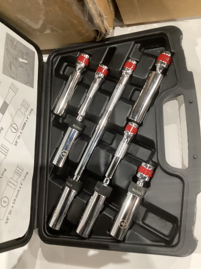 Condition photo showing New/Like New for BILITOOLS 6 Piece 3/8-Inch Drive Magnetic Swivel Spark Plug Socket Set-includes 9/16-Inch, 5/8-Inch, 14mm, 16mm Socket & 3/8-inch Drive with 6-Point and 12-Point, CR-V 6pc?9/16", 5/8", 14mm, 16mm)