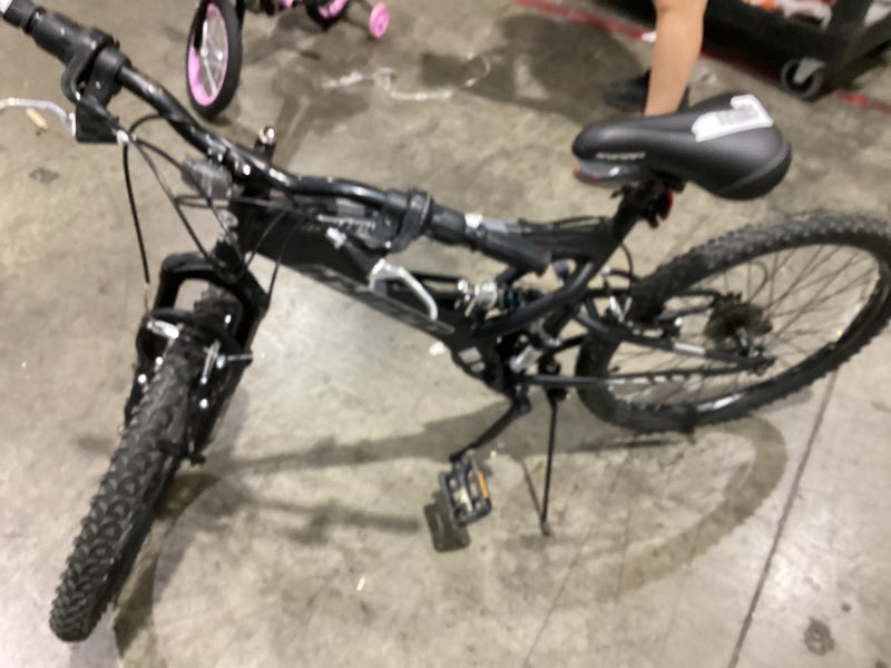 Condition photo showing As Is for hyper bicycles 24" boy's havoc mountain bike, black, recommended ages group 10 to 14 years old