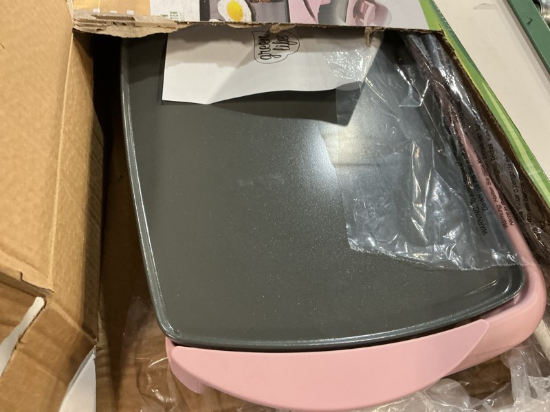 Condition photo showing As Is for greenlife 20” extra large electric griddle, non-toxic pfas-free ceramic nonstick, temperature control, quick even heating, removable drip tray, pancakes, eggs, sausage, easy clean, pink soft pink