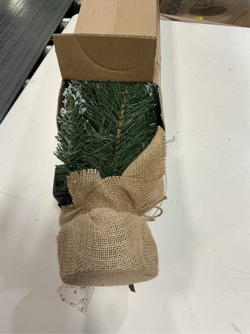 Condition photo showing Good Condition for 24" Mini Christmas Trees with Flocked Pine Needles, Pine Cones, Berries Decoration, 2 Ft Decorated Burlap Trees with 25 Led Lights, Kitchen Tabletop Artificial Pre Lit Christmas Tree