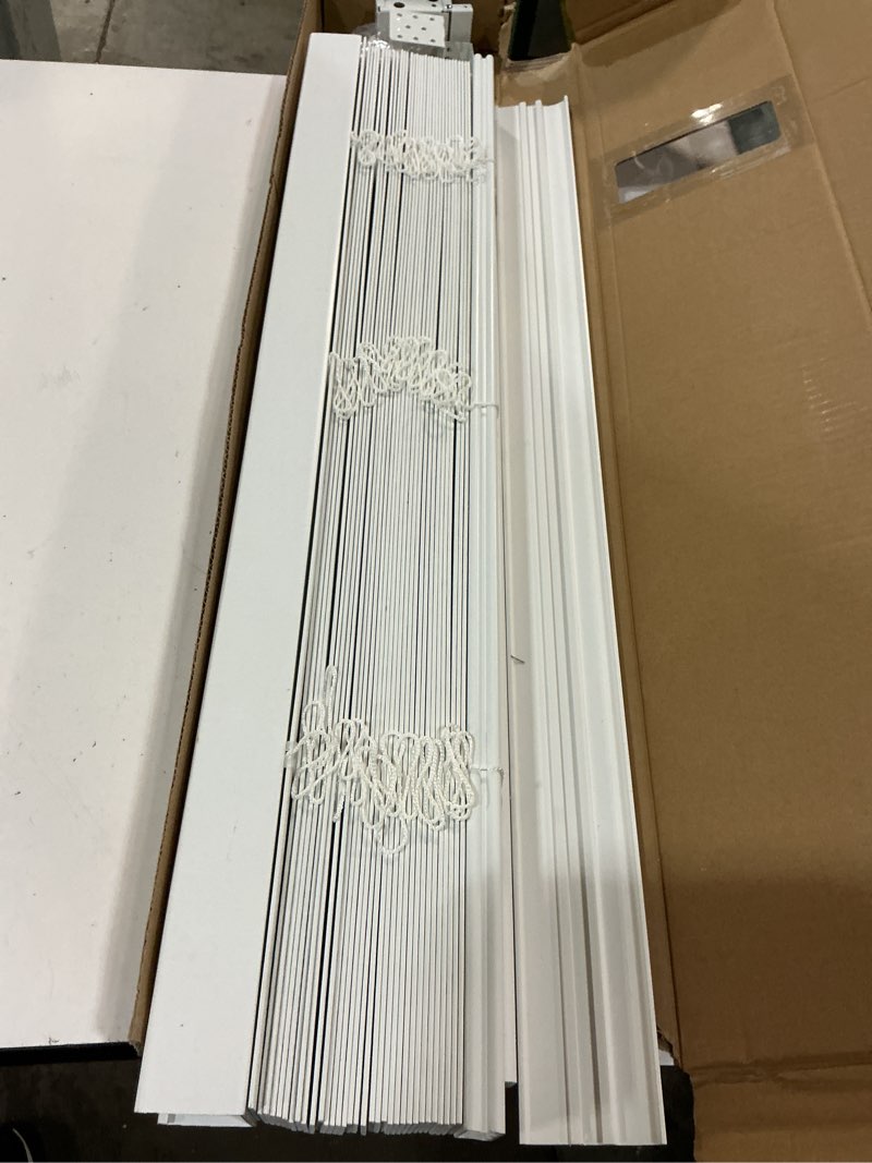 Condition photo showing As Is for allen + roth trim at home 2-in slat width 30-in x 64-in cordless white faux wood room darkening horizontal blinds