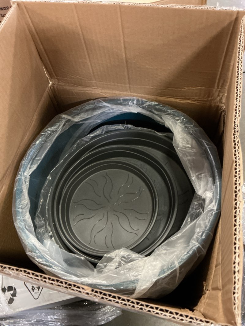 Condition photo showing Good Condition for 24,21,11 inch large plastic planters with drainage hole and saucer - set of 3 tall plant pots indoor flower pot tall round planters outdoor large tall planter blue