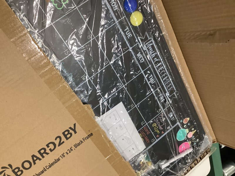 Condition photo showing Good Condition for Board2by Monthly Chalkboard Calendar & Cork Board for Wall, 18" x 24" Magnetic Chalk Calendar Board Combo Board, Hanging Wood Frame Combination Board Blackboard with Pens for Office, School, Home Classic Black 18"W x 24"H