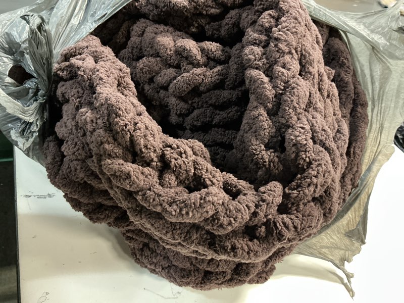 Condition photo showing As Is for Bigacogo Chunky Knit Throw Blanket for Couch, 40x80 inches, 100% Hand Knitted with Thick Jumbo Chenille Yarn, Cozy Soft Large Rope Knot Cable Crochet Blankets for Sofa Bed Living Room, Chocolate Chocolate With Purple Tone 40"x80" (Special Size Throw)