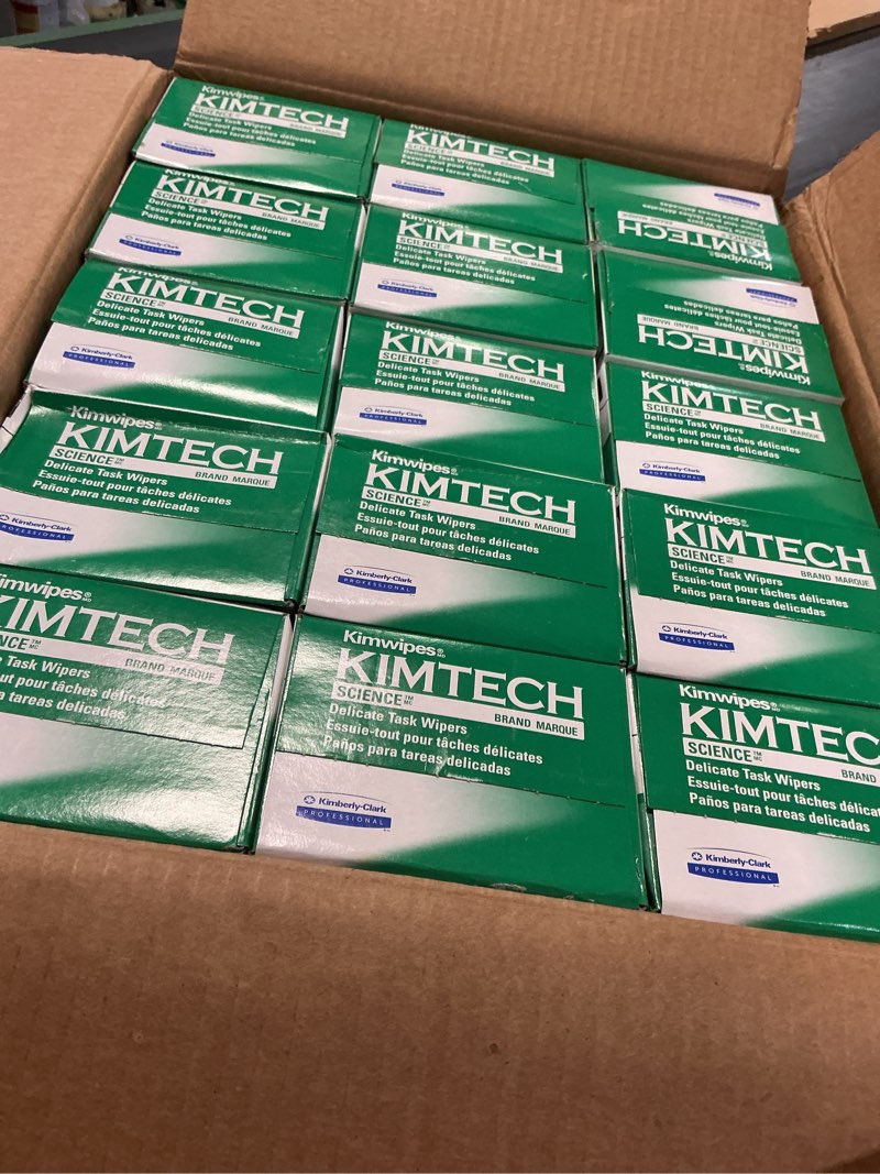 Condition photo showing New/Like New for kimtech science kimwipes delicate task wipes, 15 boxes x 144 sheets (34256) | pop-up box, white sheets, delicate task wipes 144 count (pack of 15)