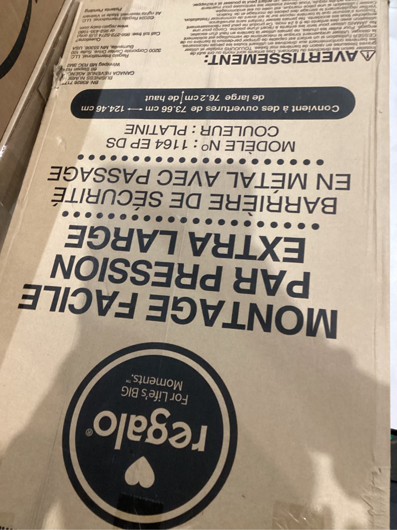 Condition photo showing New/Like New for Regalo Easy Step 49-Inch Extra Wide Baby Gate, Includes 4-Inch and 12-Inch Extension Kit, 4 Pack of Pressure Mount Kit and 4 Pack of Wall Mount Kit, Platinum Platinum 29-49"W x 30"H