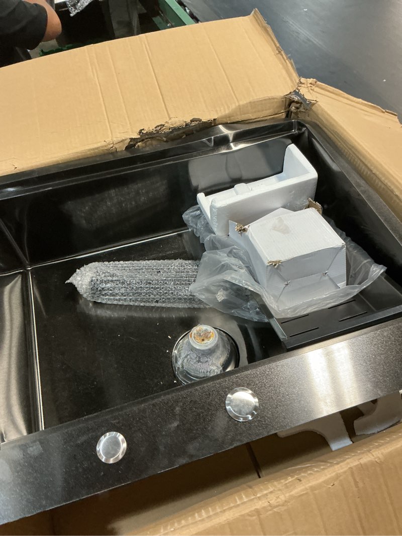 Condition photo showing As Is for 25 inch black kitchen sink drop in - 25"x22" topmount ledge workstation kitchen sinks 16 gauge handmade stainless steel single bowl sink with all accessories for kitchen laundry utility 25''x22''x9'' black