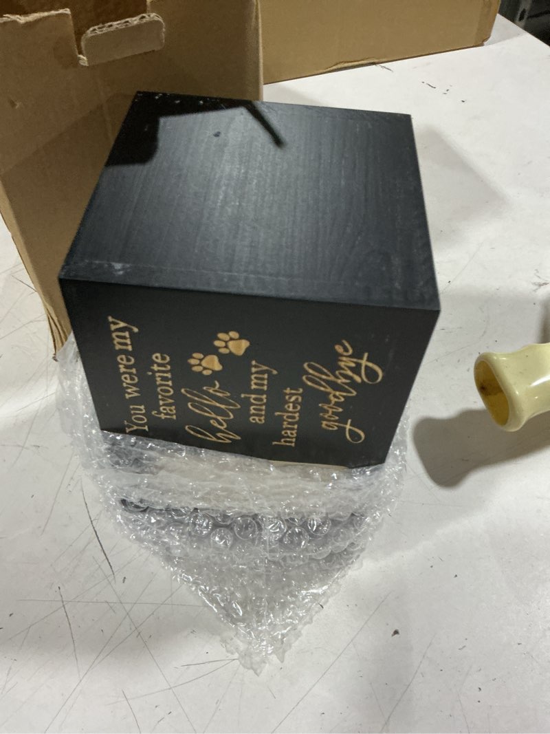 Condition photo showing Good Condition for pet memorial urns for dog or cat ashes, large wooden funeral cremation urns with photo frame, keepsake memory box with black flannel lining paw large - capacity 90 cubic inches